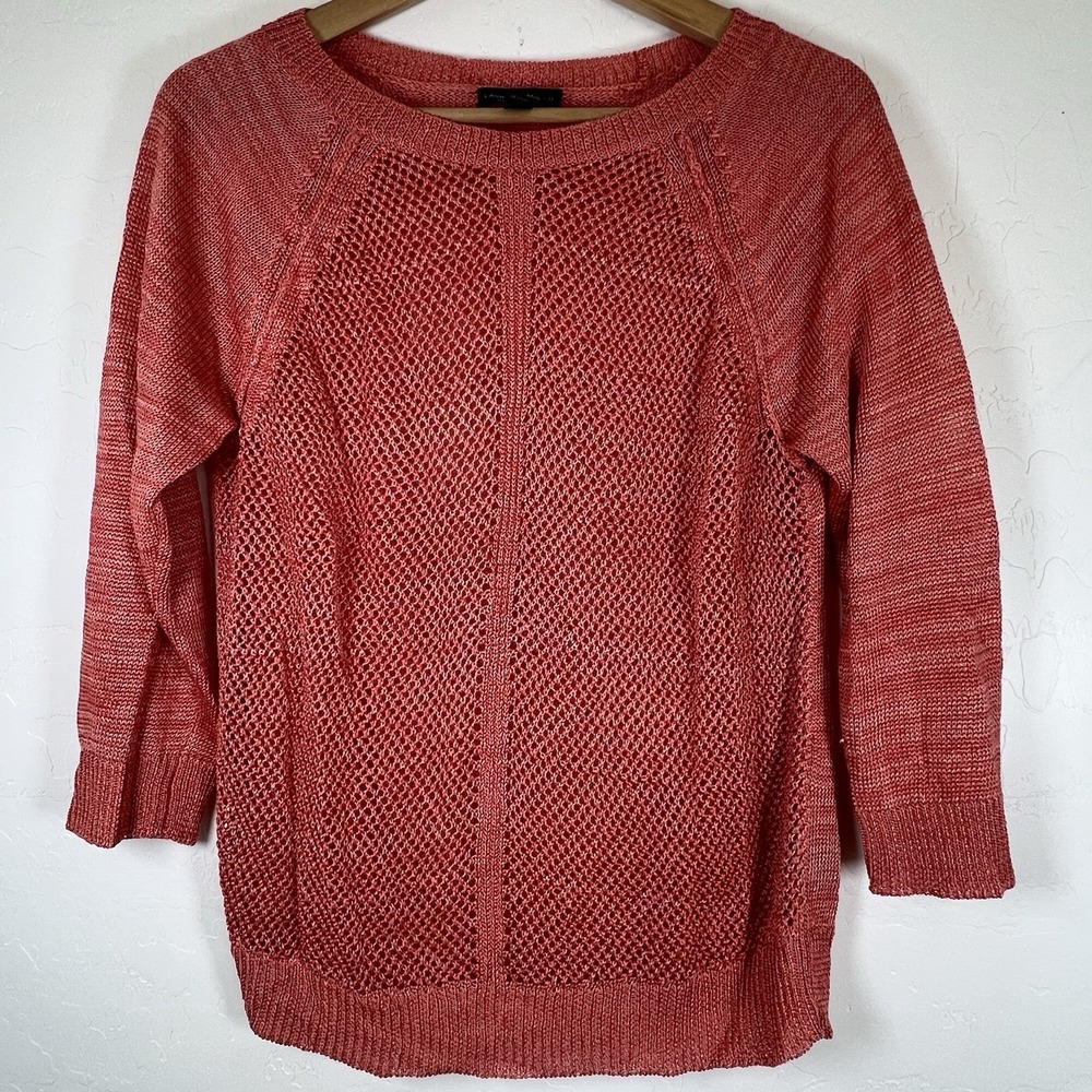 LRL Lauren Jean Co. Women's Coral Linen Blend Open Cable Knit Sweater Sz Medium